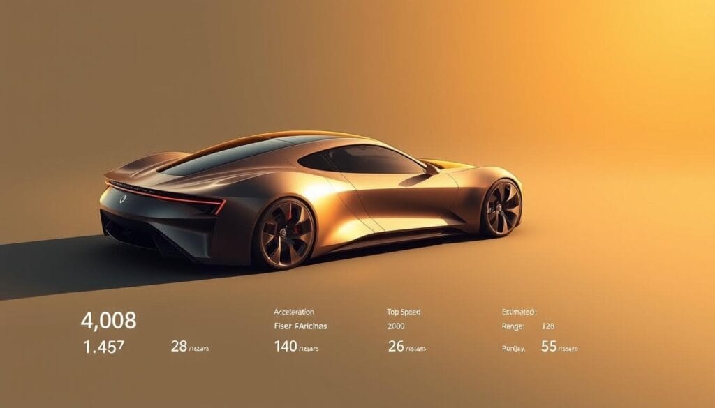 A sleek, futuristic Fisker Ronin electric supercar, its lines and curves captured in a meticulously rendered illustration. The vehicle's performance specifications are displayed in a clean, minimalist layout, showcasing key details like acceleration, top speed, and estimated range. The image is bathed in a warm, golden light, lending an air of sophistication and technical prowess. The camera angle is slightly elevated, creating a sense of imposing presence and power. The background is a neutral, gradient-based environment, allowing the car and its performance data to take center stage.