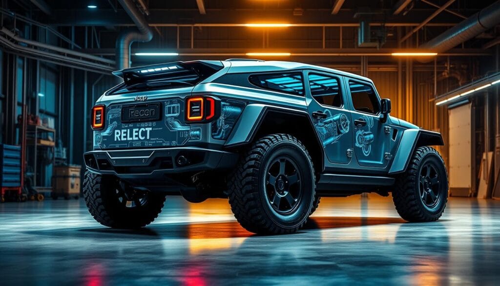 A sleek, futuristic Jeep Recon EV in a well-lit, high-tech industrial setting. The electric powertrain is prominently featured, with detailed schematics and components visible. The vehicle's aerodynamic body lines and aggressive off-road stance suggest impressive performance and capability. A mixture of cool, blue-tinted lighting and warm, golden highlights create a dynamic, visually compelling atmosphere. The camera is positioned at a slightly elevated angle, providing a dynamic, three-quarter view that showcases the Recon's powerful presence and advanced engineering.