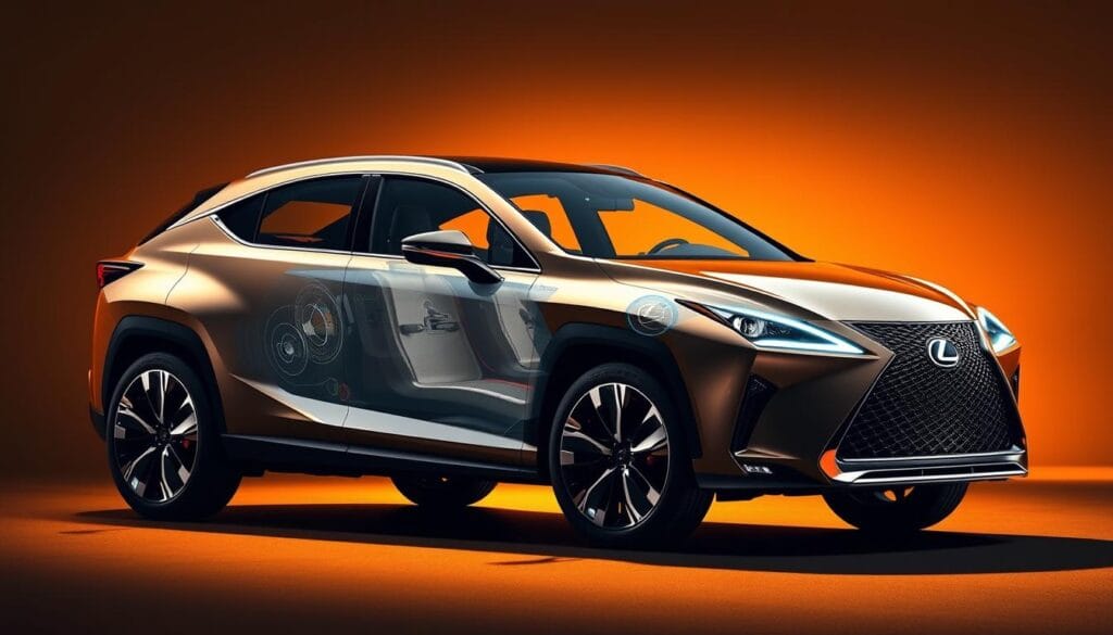 A sleek, futuristic Lexus RZ 450e electric SUV, showcasing its advanced safety features. The vehicle is illuminated by warm, directional lighting, casting dramatic shadows that highlight its bold, modern design. In the foreground, a cutaway view reveals the car's sophisticated safety systems, including radar sensors, cameras, and collision avoidance technology. The middle ground depicts the SUV's sculpted body panels and distinctive spindle grille, conveying a sense of power and refinement. The background is softly blurred, allowing the safety features to take center stage. The overall atmosphere is one of innovation, technology, and a commitment to driver and passenger protection.
