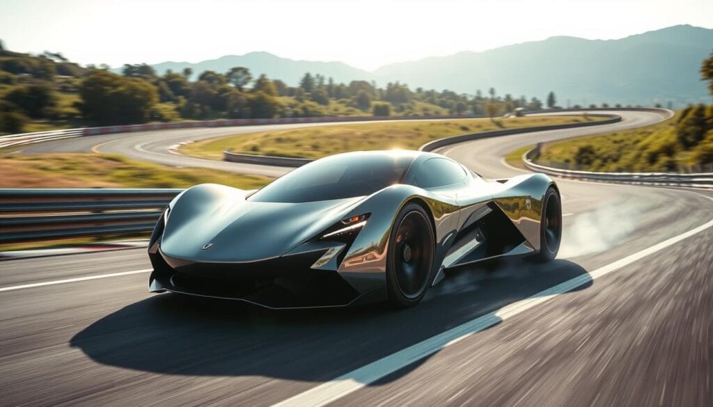 A sleek, futuristic Zeekr 001 electric sports car dominates the frame, its glossy metallic body gleaming under the bright sun. The vehicle is captured mid-acceleration, the tires smoking as it races down a winding racetrack, blurring the background of lush greenery and distant mountains. The composition emphasizes the car's powerful stance, with dynamic camera angles and a low perspective that accentuates its muscular curves and aggressive aerodynamic design. Beams of light dance across the surface, creating a sense of speed and energy. The overall mood is one of raw power and exhilaration, befitting the car's record-breaking performance.