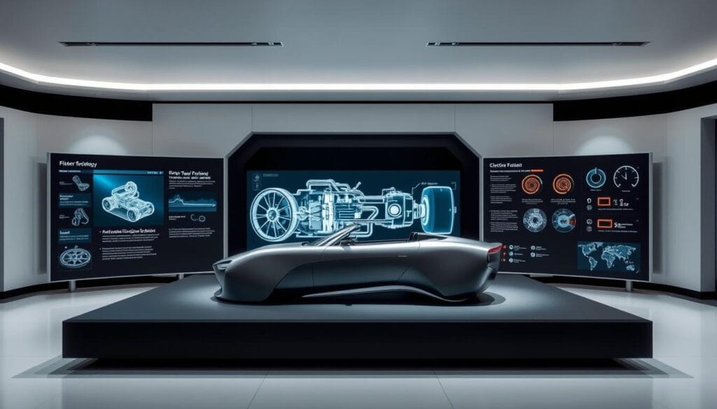 A sleek, futuristic display showcasing the advanced technology features of the Fisker Ronin electric supercar. The display is positioned in a well-lit, minimalist environment, with clean lines and a neutral color palette to emphasize the design elements. The centerpiece is a holographic projection of the Ronin's drivetrain and battery system, animated with intricate details and captions explaining the cutting-edge innovations. Surrounding the display are interactive touch panels, 3D renderings, and diagnostic readouts, all designed with a cohesive, high-tech aesthetic. The overall mood is one of sophisticated, cutting-edge technology that dazzles and informs the viewer.