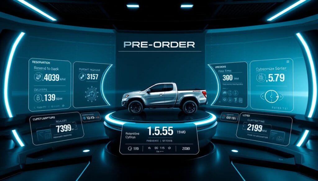 A sleek, futuristic user interface depicting the current Cybertruck pre-order status. In the center, a shimmering, customizable Cybertruck model rotates against a backdrop of a stark, minimalist dashboard. Surrounding the vehicle, a series of interactive panels display real-time data on reservation numbers, delivery timelines, and configuration options. The lighting is cool and technomodern, with subtle holographic accents and a sense of anticipation. The overall atmosphere conveys a sense of excitement and innovation, reflecting the revolutionary nature of the Cybertruck itself.