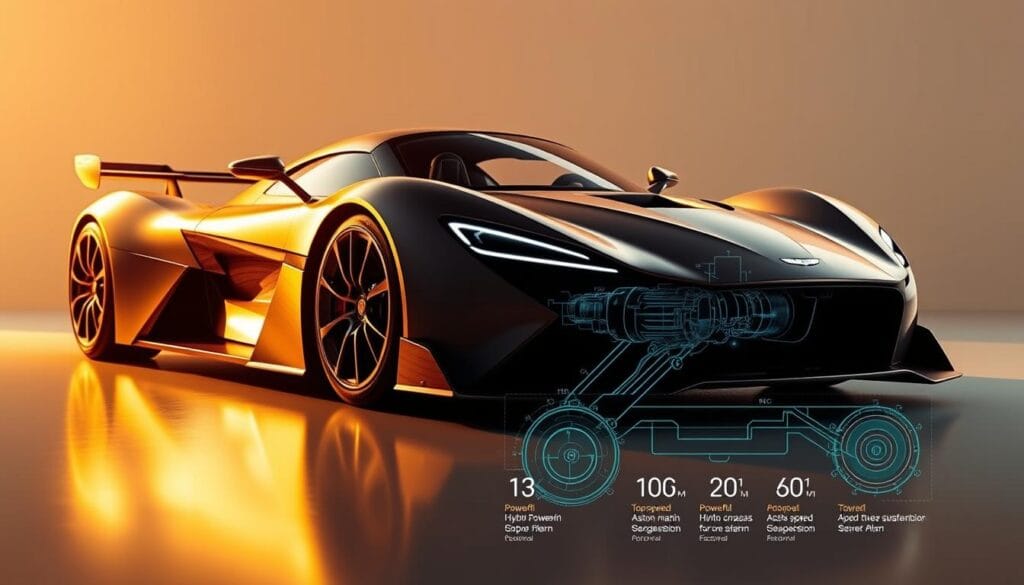 A sleek, high-performance Aston Martin Valkyrie supercar dominates the frame, its aerodynamic body glistening under warm, directional lighting. The car's intricate engineering details are prominently showcased, including its powerful hybrid powertrain, carbon fiber chassis, and innovative active suspension system. The middle ground features a technical diagram overlaying the vehicle, displaying key performance specs such as top speed, acceleration, and power output. The background fades to a clean, minimal environment, allowing the Valkyrie's engineering excellence to be the focal point. The overall composition conveys a sense of power, precision, and technological innovation befitting Aston Martin's engineering prowess.