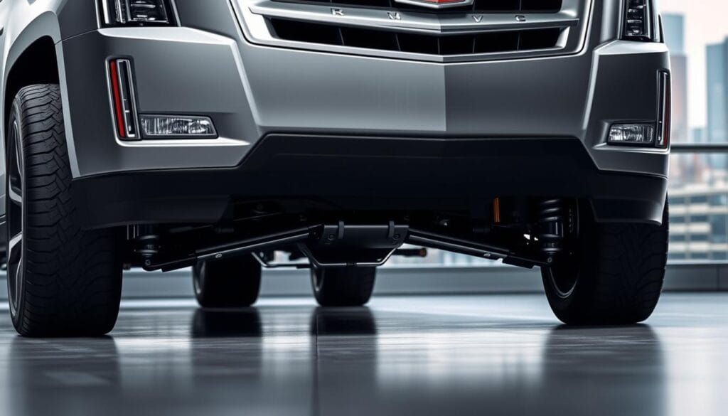 A sleek, high-performance Escalade V-Series SUV, captured in a dynamic studio setting. The front suspension is prominently featured, showcasing its advanced engineering with detailed shocks, control arms, and stabilizer bars. Precise lighting highlights the sophisticated design and intricate mechanisms, conveying a sense of power and technological prowess. In the background, a blurred urban landscape provides a subtle context, allowing the suspension system to take center stage. The image exudes a palpable sense of refined athleticism, reflecting the enhanced handling and control of the Escalade V-Series.
