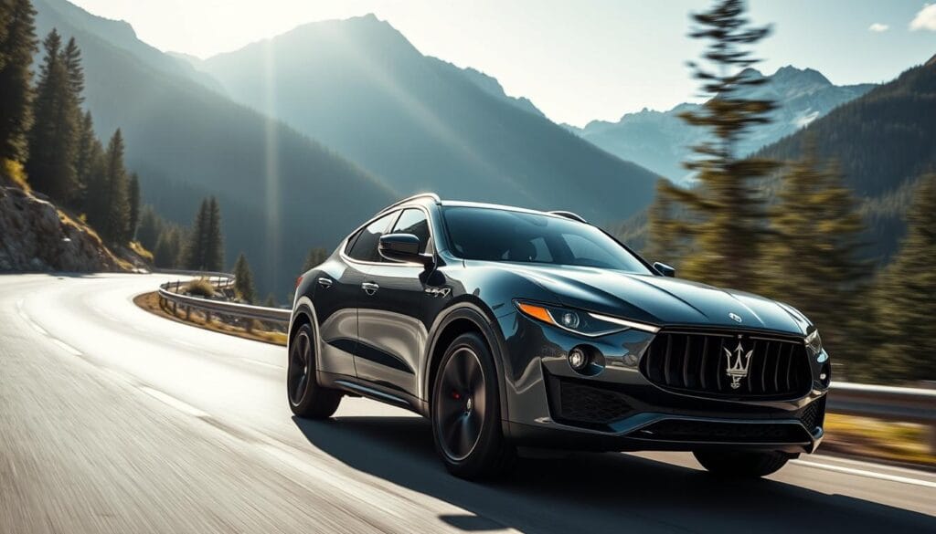 A sleek, high-performance Maserati Levante SUV navigates a winding mountain road, its powerful engine roaring as it hugs the curves. The luxurious interior is visible through the tinted windows, hinting at the refined cabin experience. Sunlight dances across the sculpted bodywork, accentuating the vehicle's muscular lines and bold grille. In the background, towering peaks and lush forests create a dramatic natural setting, emphasizing the Levante's ability to seamlessly blend performance and luxury in any environment. The scene is captured with a wide-angle lens, conveying a sense of dynamic movement and the Levante's commanding presence on the road.