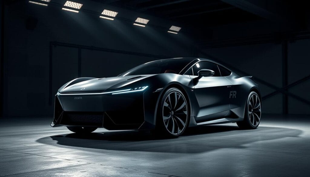 A sleek, high-performance electric vehicle standing in a dimly lit, industrial-style studio. The Zeekr 001 Performance FR Edition gleams under a combination of dramatic, angled spotlights and soft ambient lighting, highlighting its aerodynamic, futuristic silhouette. The vehicle's low, wide stance and muscular fenders convey a sense of power and agility. Details such as the aggressive front grille, slim LED headlights, and prominent "FR" badging emphasize its high-performance credentials. The composition places the car in the center, with a clean, minimalist background that allows the striking design to take center stage. An atmosphere of technical sophistication and raw, electric energy permeates the scene.