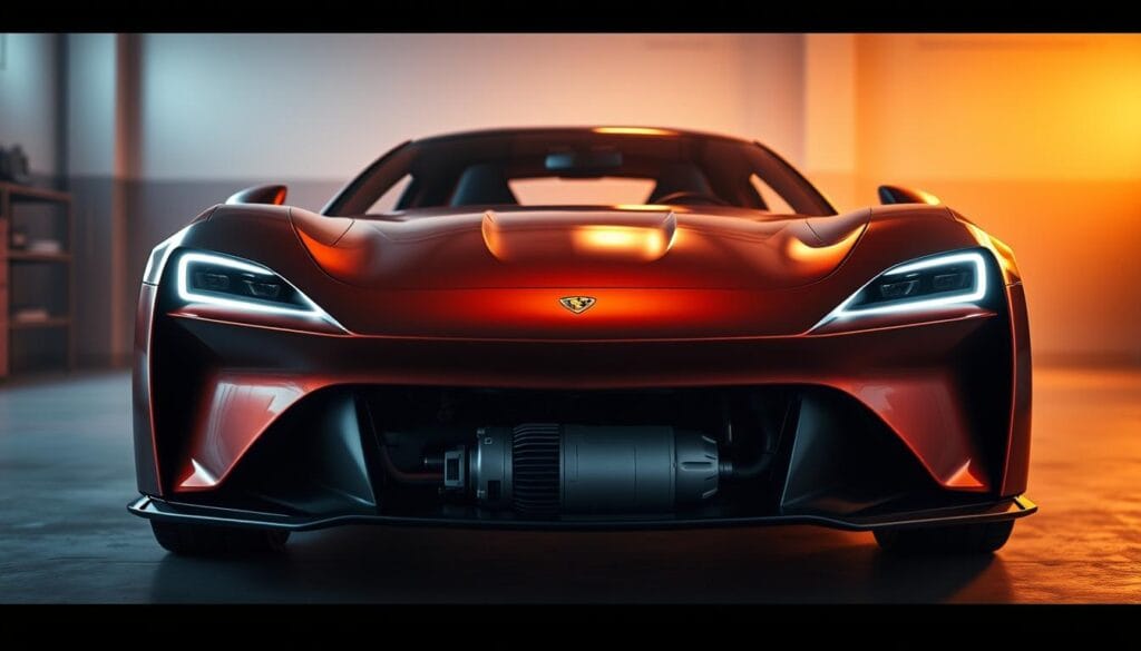 A sleek, high-performance sports car stands in a dimly lit garage, its electric powertrain components prominently displayed. The car's body is rendered in a rich, metallic paint that glistens under the warm, focused lighting. The front of the vehicle features a bold, aggressive grille and sharp, angular headlights that convey a sense of power and agility. In the middle ground, the car's exposed electric motor and battery pack are visible, showcasing the advanced engineering and integration of the electric powertrain. The background is softly blurred, creating a sense of depth and focus on the central subject. The overall scene exudes a sense of technical sophistication and the promise of exhilarating performance.