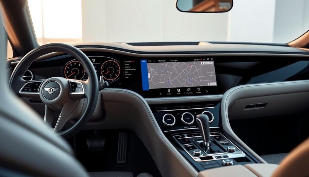 A sleek, high-resolution interior view of the 2025 Bentley Continental GT's cutting-edge infotainment system. The dashboard is elegantly designed, with a large, vibrant touchscreen display dominating the center console. The screen showcases the vehicle's advanced navigation, entertainment, and connectivity features, displayed in a clean, intuitive user interface. The brushed aluminum trim and high-quality leather upholstery create a luxurious ambiance, complemented by subtle ambient lighting. The view is captured from a slightly elevated angle, emphasizing the system's prominent placement and the driver's immersive experience. The overall composition exudes a sense of sophistication, technology, and the pinnacle of automotive design.