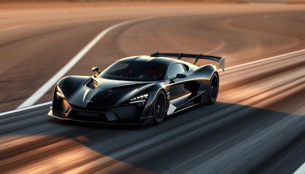 A sleek, low-slung Hennessey Venom F5 hypercar accelerates powerfully down an empty quarter-mile drag strip, its twin turbocharged V8 engine roaring. The car's aerodynamic body is bathed in dramatic lighting, casting long shadows that convey a sense of speed and power. The background is blurred, focusing the viewer's attention solely on the vehicle's magnificent performance. The car's front end is slightly lifted, its tires barely gripping the smooth tarmac as it launches forward with unbridled force, capturing the thrill of its incredible acceleration capabilities.