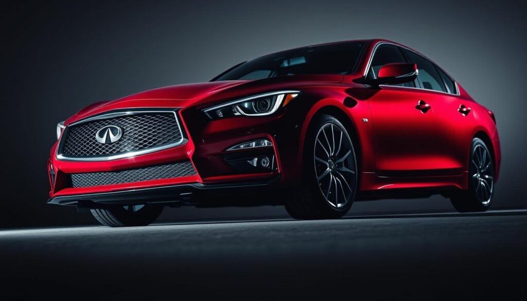 A sleek, low-slung Infiniti Q50 Red Sport in a dynamic, high-contrast pose. The car's sculpted body is painted in a vibrant, deep red hue, accentuating its muscular curves. The front end features a prominent grille and aggressive, angular headlights, conveying a sense of power and performance. The camera angle is slightly elevated, capturing the car's aggressive stance and highlighting the sophisticated suspension setup, with beefy, performance-oriented shocks and springs. Dramatic lighting casts dramatic shadows, creating a moody, high-energy atmosphere that reflects the vehicle's dynamic handling capabilities.