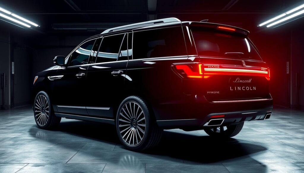 A sleek, luxurious Lincoln Navigator Black Label SUV stands in a dimly lit, elegant garage. The powerful, 3.5L twin-turbo V6 engine is highlighted, showcasing its performance capabilities. Precise, dynamic lighting illuminates the vehicle's bold, angular design and premium Black Label exterior. The large, 22-inch alloy wheels and sport-tuned suspension hint at the Navigator's agile handling. The interior is swathed in rich, sophisticated materials, creating an atmosphere of refined luxury. The overall scene conveys the Navigator's impressive powertrain and the vehicle's position as a high-performance, premium-class SUV.
