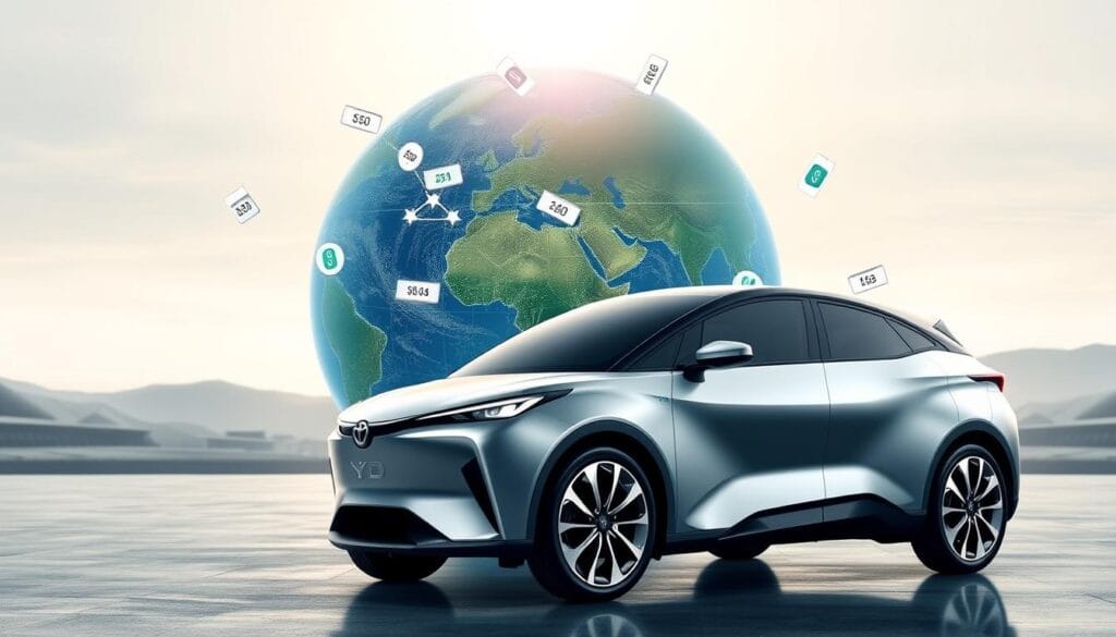 A sleek, metallic BYD Seagull electric vehicle prominently displayed in the foreground, showcasing its modern, futuristic design. In the middle ground, a globe representing the international markets the Seagull is being marketed towards, with various price tags and currency symbols floating around it. The background features a serene, minimalist landscape with a soft, warm lighting, conveying a sense of global expansion and accessibility. The overall composition suggests a strategic, data-driven approach to the Seagull's global pricing strategy, making it an affordable and accessible EV option for customers worldwide.