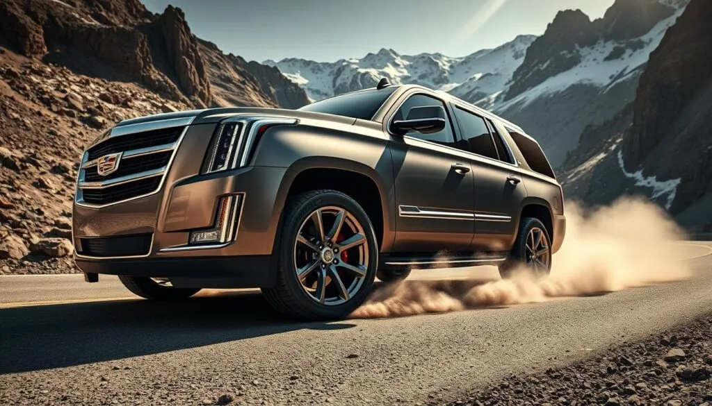 A sleek, metallic Cadillac Escalade V SUV braking sharply on a winding mountain road, enveloped in a dramatic cloud of dust and debris. The powerful, low-slung vehicle is captured from a dynamic, low-angle perspective, its massive cross-drilled brake discs and bright red calipers clearly visible. Dramatic, directional lighting accentuates the vehicle's muscular curves and bold design elements, while the imposing grille and aggressive, squinting headlights convey a sense of raw, unleashed power. The background is a rugged, scenic vista of snow-capped peaks and jagged cliffs, suggesting the Escalade's capability to handle even the most demanding driving conditions. A sleek, metallic Cadillac Escalade V SUV braking sharply on a winding mountain road, enveloped in a dramatic cloud of dust and debris. The powerful, low-slung vehicle is captured from a dynamic, low-angle perspective, its massive cross-drilled brake discs and bright red calipers clearly visible. Dramatic, directional lighting accentuates the vehicle's muscular curves and bold design elements, while the imposing grille and aggressive, squinting headlights convey a sense of raw, unleashed power. The background is a rugged, scenic vista of snow-capped peaks and jagged cliffs, suggesting the Escalade's capability to handle even the most demanding driving conditions.
