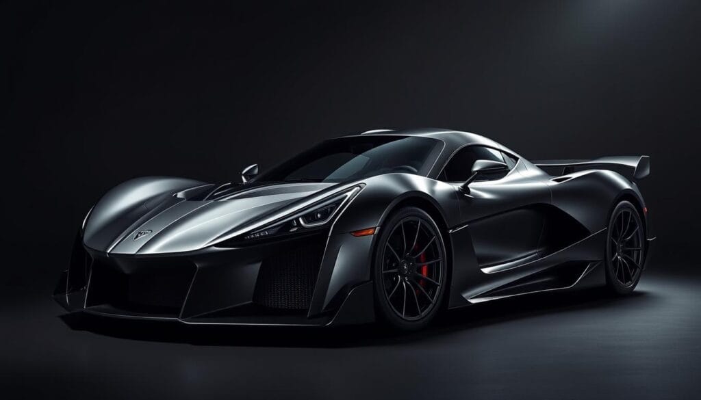 A sleek, metallic Hennessey Venom F5 American supercar, gleaming under a dramatic spotlight in a dark, sophisticated studio setting. The muscular, sculpted body is rendered in intricate detail, showcasing the car's aggressive, aerodynamic design. The front grille and sharp, angular headlights convey a sense of raw power and exclusivity. The profile view highlights the car's low, wide stance and distinctive side air vents. In the background, a muted, moody atmosphere with subtle highlights and shadows accentuates the Venom F5's bold, limited-edition presence, emphasizing its status as a true engineering masterpiece.