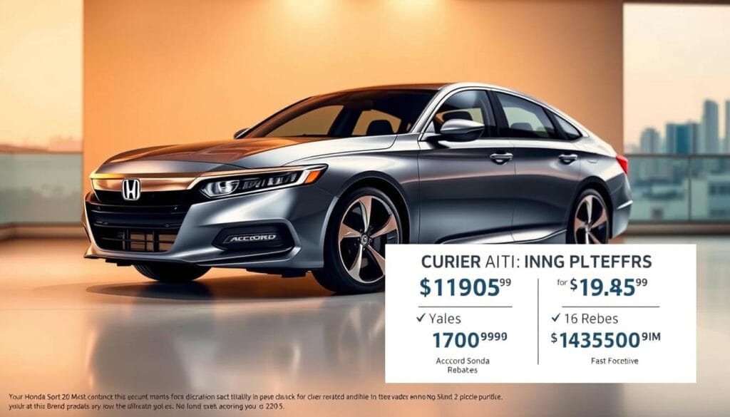 A sleek, metallic Honda Accord Sport sedan parked in a modern, minimalist showroom setting. Warm, soft lighting illuminates the vehicle's contours, accentuating its sporty design and bold accents. In the foreground, a prominent display showcases the current incentives and rebates available, presented in a clean, easy-to-read layout. The background features a subtle, blurred cityscape, hinting at the vehicle's urban appeal. The overall composition conveys a sense of sophistication, highlighting the Accord Sport's value proposition for the discerning buyer.