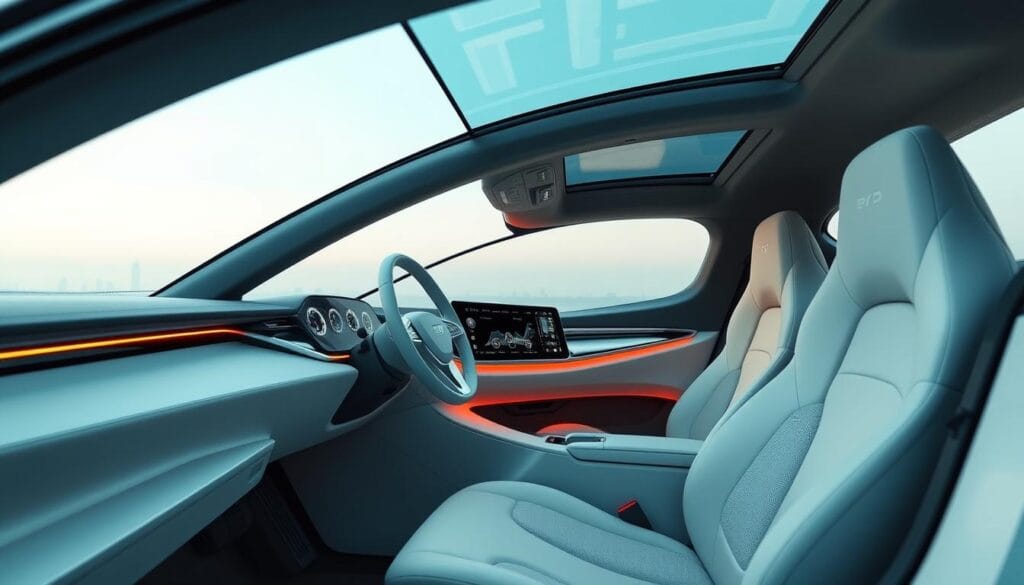 A sleek, minimalist interior of the BYD Seagull electric vehicle. The cockpit features a large, curved digital display as the centerpiece, seamlessly blending into the dashboard. The steering wheel is slim and uncluttered, with only essential controls. Ambient lighting casts a warm glow, creating a cozy, futuristic atmosphere. The seats are upholstered in premium materials, offering superior comfort and support. The cabin is flooded with natural light, thanks to the expansive panoramic windshield and sunroof. The overall design exudes a sense of sophistication and technological innovation, perfectly suited for the modern urban commuter.