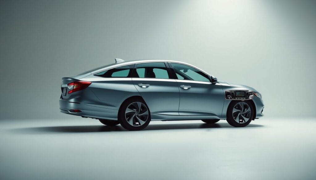 A sleek, modern Honda Accord sedan, its advanced safety features prominently displayed. In the foreground, the car's exterior showcases its latest driver assistance technologies - adaptive cruise control, lane keep assist, and forward collision warning. The middle ground reveals the Accord's sophisticated cabin, with its ergonomic dashboard and touchscreen display. In the background, a clean, minimalist environment emphasizes the sedan's innovative, high-tech character. Bright, diffused lighting illuminates the scene, creating a sense of clarity and sophistication. Captured from a low, dynamic angle, the image conveys the Accord's exceptional safety and technology, perfectly suited for the "Safety Features and Driver Assistance Systems" section of the article.
