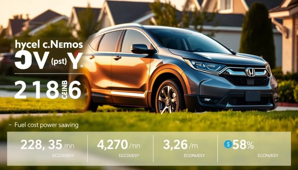 A sleek, modern Honda CR-V Hybrid parked in a suburban driveway, its aerodynamic curves and metallic paint gleaming in the warm evening light. In the foreground, a clear infographic display showcases the impressive fuel cost savings achieved through the hybrid powertrain, with neatly organized statistics and fuel economy figures. The middle ground features a well-manicured lawn and lush greenery, creating a tranquil, eco-friendly ambiance. The background blends seamlessly with a softly blurred residential neighborhood, emphasizing the vehicle's efficient and environmentally conscious design.
