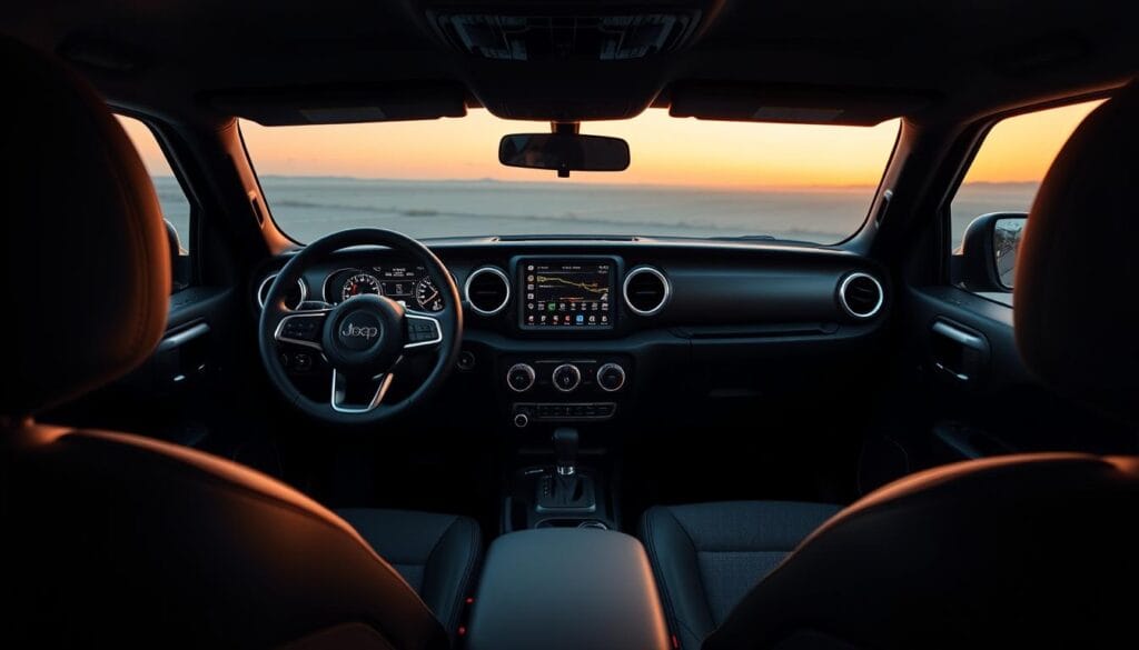 A sleek, modern Jeep Recon EV interior, bathed in soft ambient lighting. The center console features a large, high-resolution touchscreen display showcasing intuitive infotainment controls and advanced navigation. Ergonomic, premium-grade seats provide exceptional comfort, with advanced climate and sound systems enhancing the tranquil cabin atmosphere. The dashboard seamlessly integrates digital instrumentation, providing the driver with vital vehicle data. Subtle, minimalist design elements harmonize with the electric powertrain's cutting-edge technology, creating a refined, futuristic driving experience.