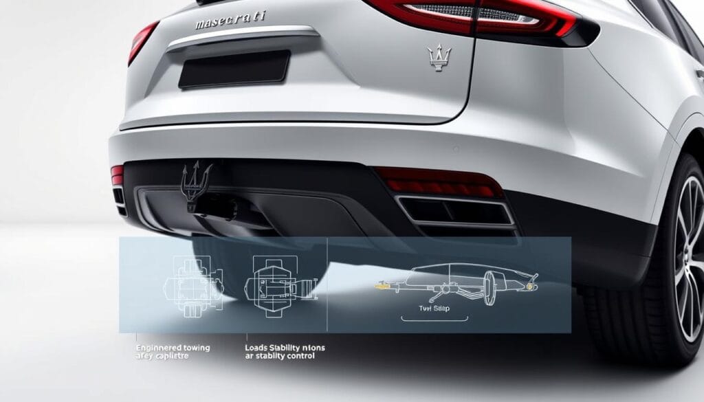 A sleek, modern Maserati Levante SUV in a well-lit studio setting, showcasing its advanced towing safety features. The foreground captures the vehicle's rear view, with a focus on the tow hook, hitch, and suspension system. The middle ground features technical diagrams and schematics highlighting the engineered towing capabilities, load distribution, and stability control systems. The background is a clean, minimalist environment, emphasizing the Levante's sophisticated design and engineering prowess. Crisp, high-resolution photography with a shallow depth of field, creating a professional, informative, and visually engaging image.