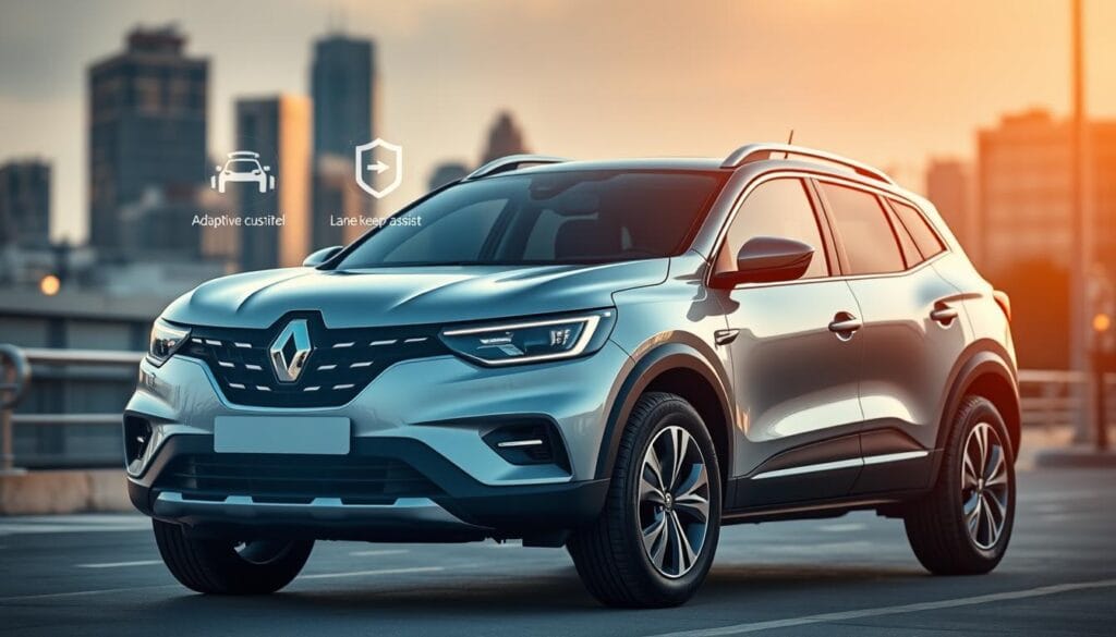 A sleek, modern Renault Arkana SUV in a well-lit urban setting, showcasing its advanced safety features. The vehicle is positioned in the foreground, its striking exterior design and bold lines capturing the viewer's attention. In the middle ground, a series of icons and visual elements illustrate the Arkana's cutting-edge driver assistance technologies, such as adaptive cruise control, lane keep assist, and automatic emergency braking. The background features a blurred city skyline, creating a sense of context and environment. The lighting is warm and natural, highlighting the Arkana's high-quality materials and premium aesthetic. The overall composition conveys a sense of safety, innovation, and the Arkana's role as a technologically advanced, family-oriented SUV.