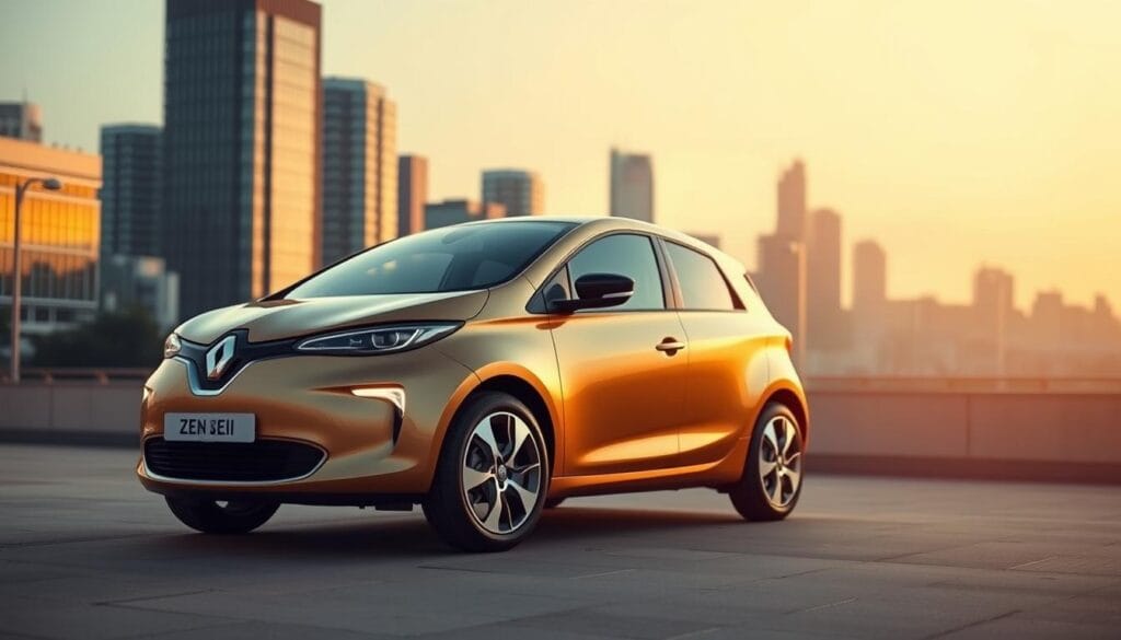 A sleek, modern Renault Zoe electric car parked in a city setting, with a prominent focus on the financial incentives and tax benefits associated with its purchase. The car is positioned in the foreground, illuminated by warm, diffused lighting that highlights its clean, aerodynamic lines and vibrant color. In the middle ground, a city skyline with modern architecture creates a contemporary backdrop, while the background features a clean, minimalist environment that emphasizes the Zoe's eco-friendly credentials. The overall mood is one of sophistication, efficiency, and the financial advantages of embracing electric vehicle technology.