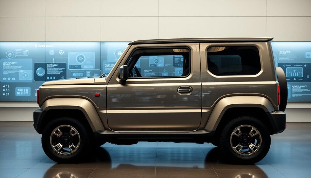 A sleek, modern Suzuki Jimny SUV stands prominently in a high-tech, minimalist setting. Gleaming chrome and sharp angles characterize the vehicle's exterior, hinting at advanced engineering and capabilities. In the background, a seamless panel of interactive displays showcases cutting-edge infotainment and telematics systems, their interfaces effortlessly integrated into the Jimny's cabin. Soft, directional lighting accentuates the refined, urbane atmosphere, while the camera's perspective captures the harmony between the Jimny's rugged form and its sophisticated technological integration.