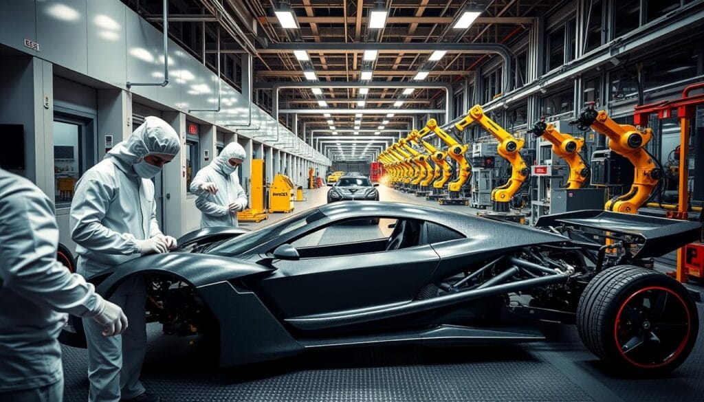 A sleek, modern automotive factory with advanced machinery and robotic arms carefully assembling the intricate components of the Hennessey Venom F5 hypercar. In the foreground, engineers in clean-room suits meticulously inspect and fit the lightweight carbon fiber body panels, their hands moving with precision. In the middle ground, robotic welding stations join the tubular space frame chassis, creating the sturdy foundation. The background reveals the scale of the operation, with rows of specialized workstations and high-tech equipment, all bathed in the warm glow of strategic lighting. The scene conveys the level of craftsmanship, attention to detail, and technological sophistication required to produce this exceptional high-performance vehicle.