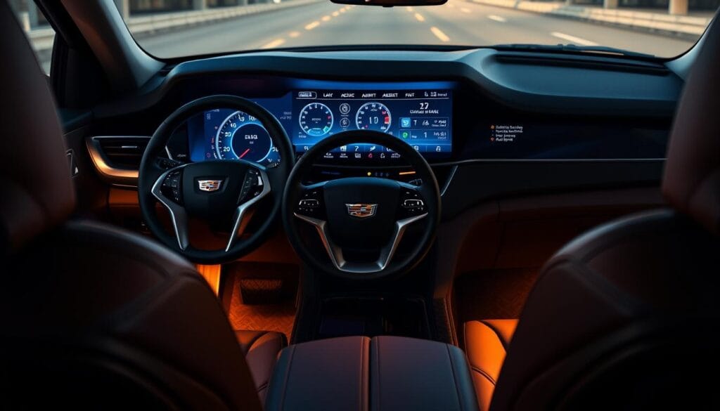 A sleek, modern dashboard of a Cadillac Escalade, showcasing its cutting-edge driver assistance technologies. Centered in the frame, a large, high-resolution display illuminates the various features, such as lane-keeping assist, adaptive cruise control, and collision avoidance systems. The steering wheel and instrument cluster are visible in the foreground, conveying a sense of control and command. The interior is bathed in a warm, ambient lighting, creating a luxurious and technological atmosphere. In the background, the plush, leather-wrapped seats and premium materials emphasize the Escalade's high-end, sophisticated design. The overall composition highlights the Escalade's commitment to driver safety and convenience, capturing the essence of the "Driver Assistance and Safety Features" section.