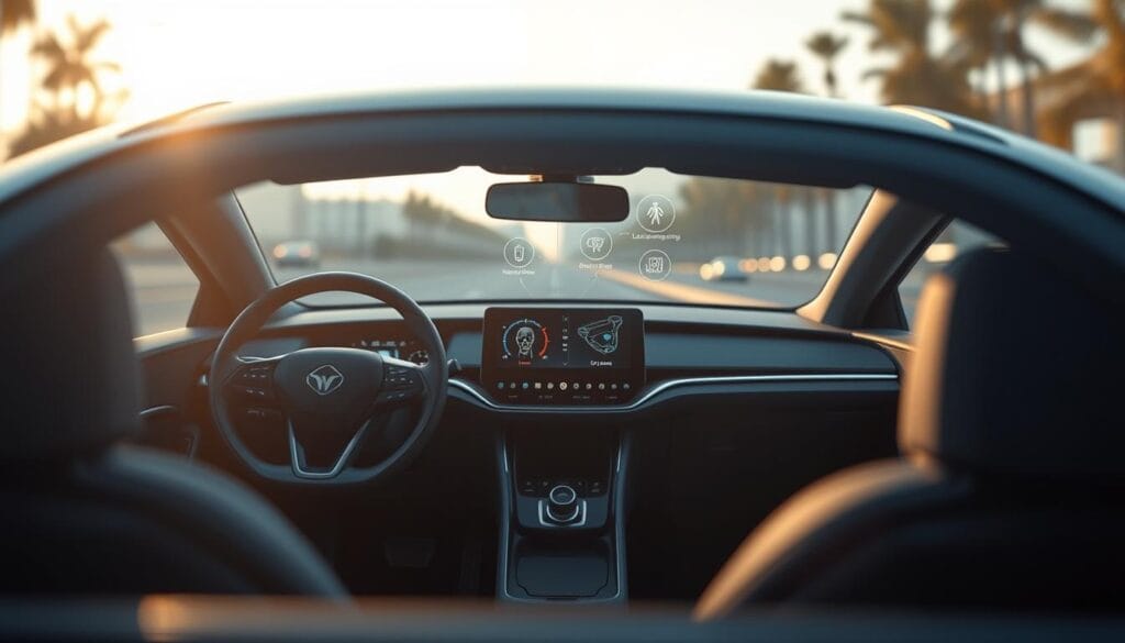 A sleek, modern electric sedan with advanced safety features, the NIO ET5 in the foreground. High-tech sensors and cameras seamlessly integrated into the vehicle's design, capturing a 360-degree view of the surroundings. The interior is bathed in soft, ambient lighting, creating a serene and focused driving environment. In the middle ground, the dashboard displays a comprehensive suite of driver assistance technologies, including adaptive cruise control, lane-keeping assist, and emergency braking. The background showcases the sedan's aerodynamic silhouette, hinting at its impressive performance and efficiency. An image that conveys the ET5's commitment to safety and the driver's peace of mind.