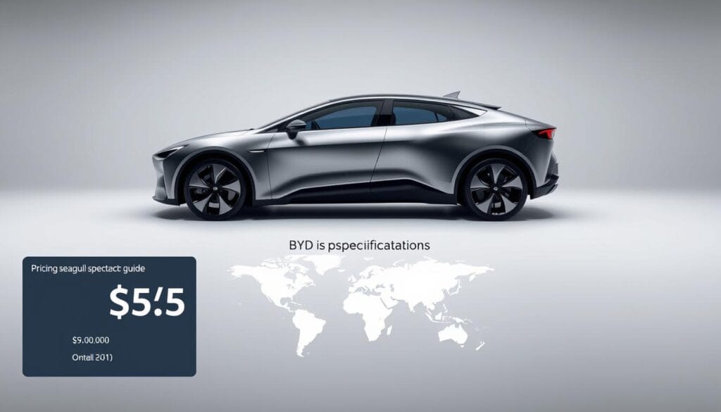 A sleek, modern electric vehicle takes center stage on a minimalist background. The BYD Seagull, with its aerodynamic silhouette and distinctive gull-wing doors, is prominently displayed in a well-lit studio setting. The car's metallic finish reflects the studio's carefully crafted lighting, creating a sense of depth and dimension. In the foreground, a price tag and a map of the Seagull's global availability are prominently featured, providing the necessary details for the "Pricing and Market Availability" section of the article. The overall composition conveys a sense of sophistication and attention to detail, perfectly complementing the comprehensive guide on the BYD Seagull specifications.