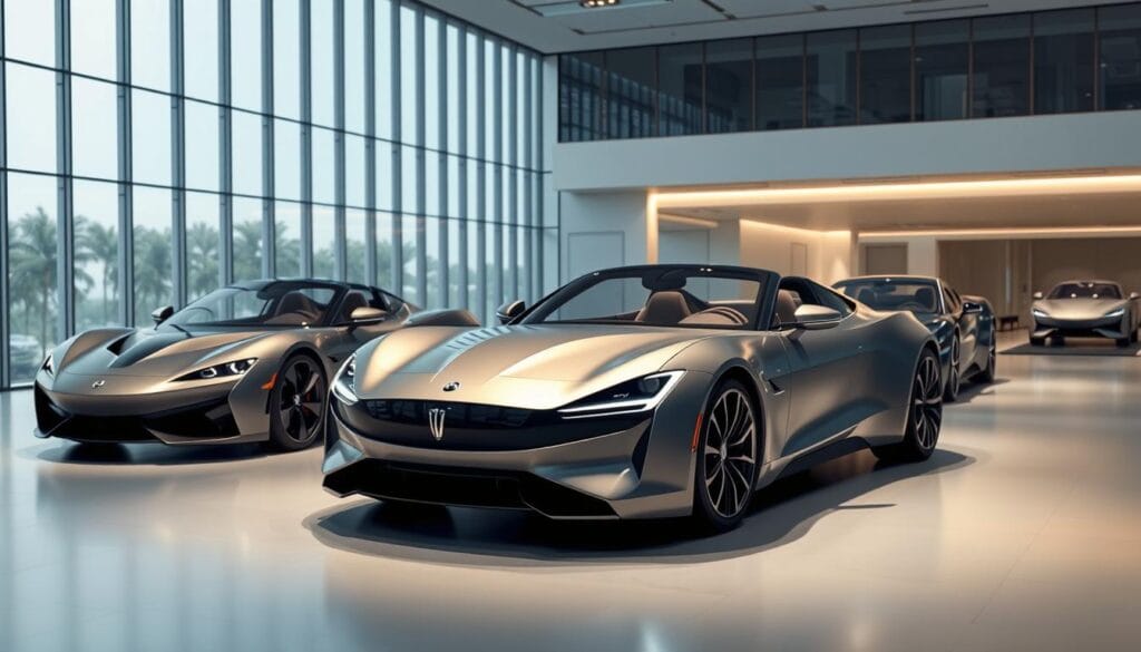A sleek, modern showroom setting showcasing the Fisker Ronin EV in the foreground, meticulously detailed with its elegant exterior lines and luxurious interior. In the middle ground, high-end electric vehicles from leading competitors are displayed for side-by-side comparison, allowing the viewer to appreciate the Ronin's unique design and engineering. The background features a minimalist, glass-walled architecture with bright, natural lighting, creating an atmosphere of sophistication and technological innovation. The overall scene conveys the Ronin's position as a premier electric GT sports car, poised to challenge the luxury EV market.