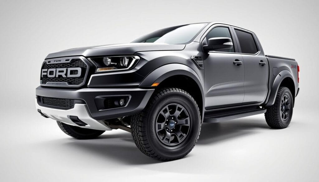 A sleek, muscular 2024 Ford Ranger Raptor pickup truck, captured in a dynamic, high-angle studio shot. The vehicle's bold exterior design elements are showcased in stunning detail - the aggressive front grille with bold FORD lettering, the flared fenders housing large all-terrain tires, the rugged skid plates, and the aerodynamic hood vents. Crisp, directional lighting accentuates the Raptor's chiseled lines and powerful stance, casting dramatic shadows that enhance the vehicle's presence. The background is a clean, minimalist studio setting, allowing the Ranger Raptor's striking design to be the sole focus of attention.