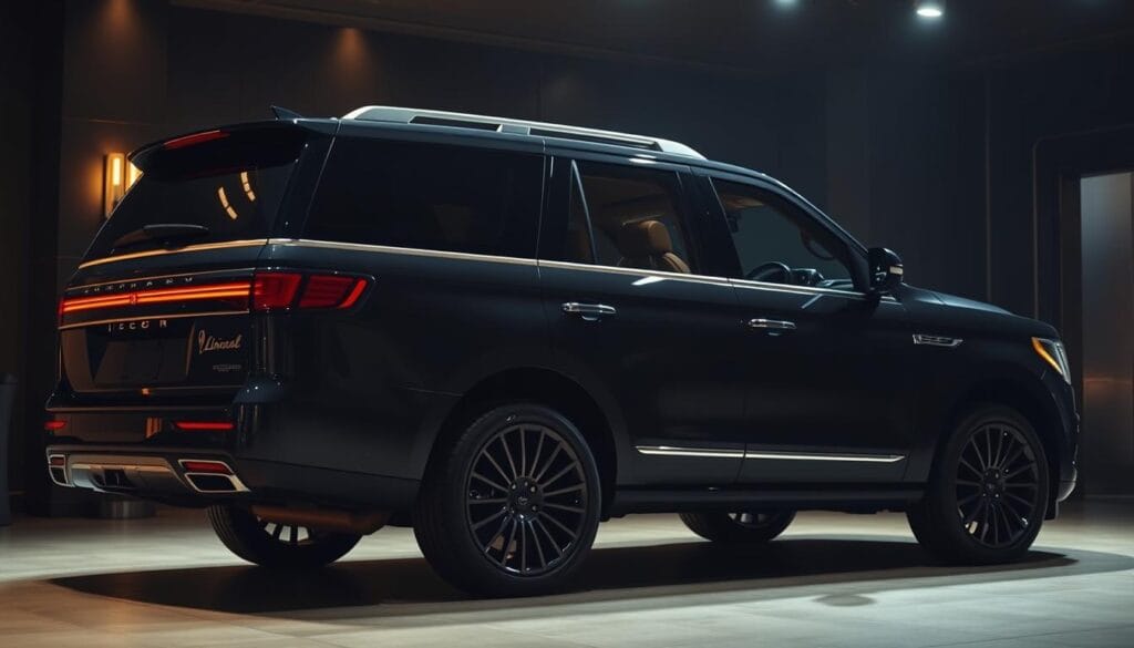 A sleek, opulent Lincoln Navigator Black Label SUV parked in a dimly lit, elegant showroom. The vehicle's obsidian exterior gleams under soft, warm lighting, accentuating its chiseled, commanding presence. The interior is visible through the tinted windows, showcasing luxurious leather upholstery, intricate wood trims, and advanced technological features. The scene is captured from a low, three-quarter angle, emphasizing the SUV's powerful, imposing stature. The background is blurred, keeping the focus on the customized Lincoln Navigator and its premium, bespoke details.