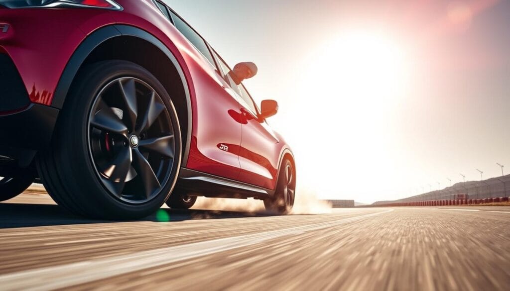 A sleek, powerful Alfa Romeo Stelvio Quadrifoglio SUV bursts into action, its carbon-fiber trim and vibrant Rosso Competizione paint glimmering under the bright sunlight. The driver aggressively accelerates, the turbocharged V6 engine roaring as the high-performance Brembo brakes bring the vehicle to a controlled halt on the tarmac test track. The Stelvio's athletic stance and dynamic handling are on full display, captured from a low angle that emphasizes its muscular presence. The image conveys the thrill of performance testing, with a sense of motion, speed, and the Quadrifoglio's uncompromising capability.