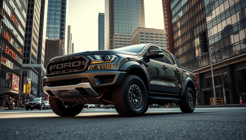 A sleek, powerful Ford Ranger Raptor prowling the urban jungle, its muscular stance and aggressive design exuding confidence. Framed against a backdrop of towering skyscrapers and bustling city streets, the Raptor's distinctive grille, flared fenders, and knobby tires suggest a blend of off-road capability and on-road performance. Crisp, high-contrast lighting illuminates the Raptor's dynamic lines, casting dramatic shadows that accentuate its sculpted form. The camera captures the vehicle from a low, dynamic angle, emphasizing its imposing presence and agile handling, ready to tackle both the open road and the concrete jungle with equal aplomb. A sleek, powerful Ford Ranger Raptor prowling the urban jungle, its muscular stance and aggressive design exuding confidence. Framed against a backdrop of towering skyscrapers and bustling city streets, the Raptor's distinctive grille, flared fenders, and knobby tires suggest a blend of off-road capability and on-road performance. Crisp, high-contrast lighting illuminates the Raptor's dynamic lines, casting dramatic shadows that accentuate its sculpted form. The camera captures the vehicle from a low, dynamic angle, emphasizing its imposing presence and agile handling, ready to tackle both the open road and the concrete jungle with equal aplomb.