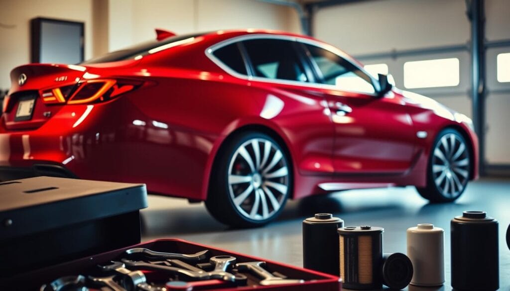 A sleek, red Infiniti Q50 Red Sport sedan is parked in a well-lit garage. The car's shiny exterior gleams under the warm, directional lighting, highlighting its athletic curves and sculpted design. In the foreground, a neatly organized toolbox and a few maintenance items, such as oil filters and wrenches, are visible, suggesting the owner's diligent upkeep of the vehicle. The background features a clean, minimalist environment, allowing the car to be the central focus. The overall scene conveys a sense of pride, attention to detail, and the financial investment required to maintain a luxury performance sedan like the Infiniti Q50 Red Sport.