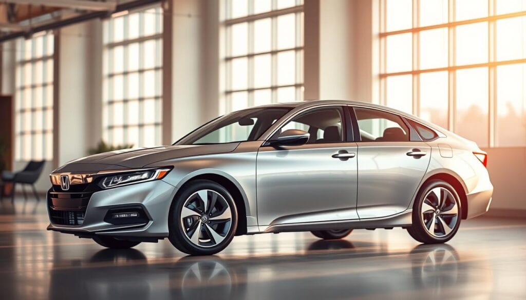 A sleek, silver 2023 Honda Accord Hybrid in a well-lit, modern showroom. The car is positioned slightly angled, revealing its aerodynamic silhouette and highlighting the advanced hybrid drivetrain system. The background is softly blurred, drawing the viewer's focus to the vehicle's elegant lines and sophisticated technology. Warm, natural lighting from large windows casts a gentle glow, accentuating the car's glossy finish and reflecting off the chrome accents. The Accord's instrument panel and center console are visible, showcasing intuitive displays that provide real-time feedback on the hybrid system's fuel efficiency and environmental performance.