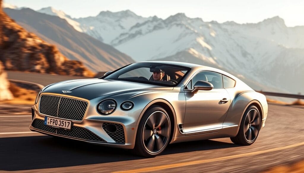 A sleek, silver 2025 Bentley Continental GT roars down a winding mountain road, its powerful engine purring. The car hugs the curves, its chrome accents gleaming in the warm, golden sunlight. In the driver's seat, a skilled pilot navigates the course with precision, their face etched with intense concentration. The interior is a luxurious blend of fine leather and polished wood, exuding an air of sophistication. In the background, majestic snow-capped peaks rise, framing the scene with a breathtaking natural backdrop. The overall atmosphere evokes a thrilling performance driving experience, where power and luxury converge.