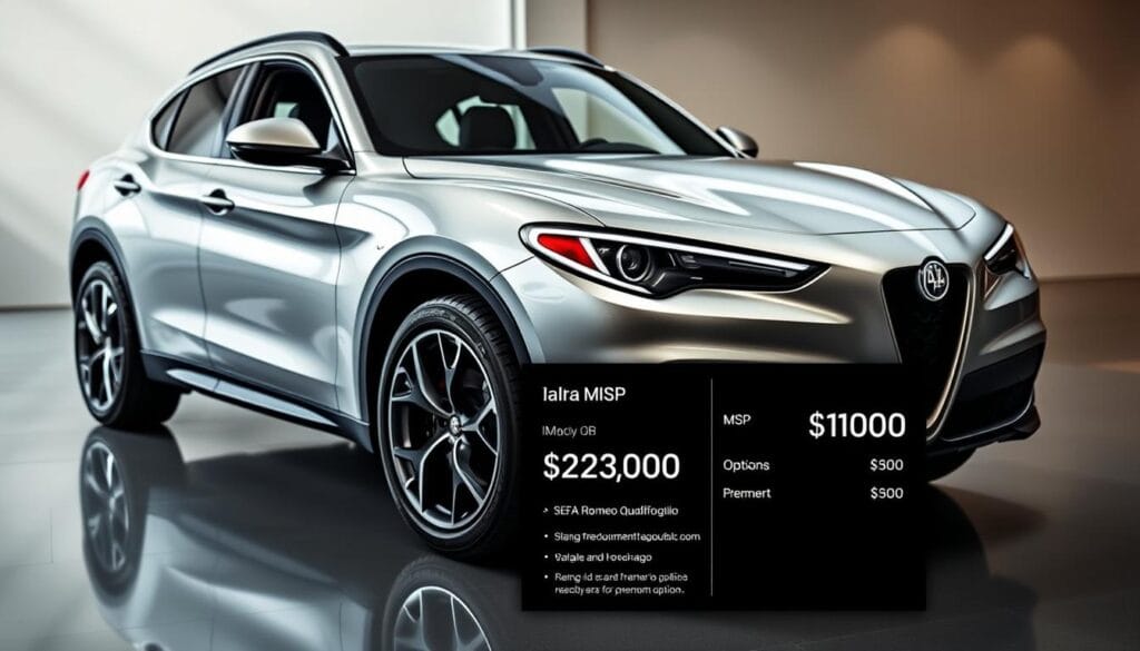 A sleek, silver Alfa Romeo Stelvio Quadrifoglio sits proudly in a well-lit showroom, its muscular curves and distinctive grille catching the eye. The interior is luxurious, with premium leather upholstery and high-end materials. In the foreground, a detailed pricing information display showcases the vehicle's MSRP, options, and value proposition, presented in a clean, informative manner. The background features a minimalist, modern setting, allowing the car to take center stage and emphasize its premium positioning. Soft lighting and reflections on the glossy bodywork create a sense of elegance and refinement, capturing the essence of the Stelvio Quadrifoglio's premium pricing and exceptional performance.
