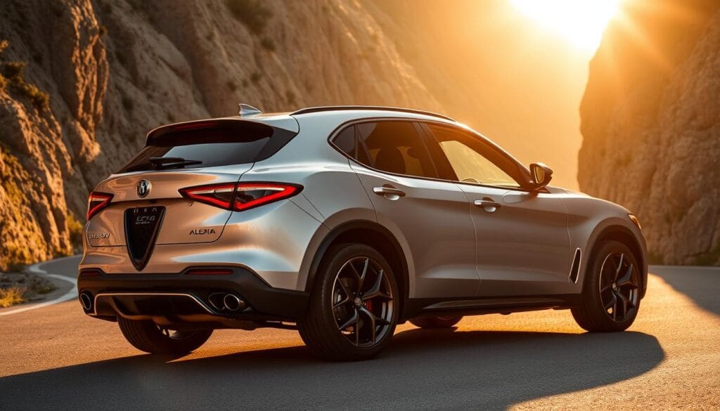 A sleek, silver Alfa Romeo Stelvio Quadrifoglio stands resolute, its muscular lines glinting under the warm, golden light of an Italian sunset. The driver's hands grip the leather-wrapped steering wheel, their movements precise and responsive as they navigate a winding mountain road. The Stelvio's chassis hugs the asphalt, its suspension tuned for razor-sharp handling, inviting the driver to push the limits of performance. The engine roars to life, its exhaust note echoing off the sheer rock face that frames the scene, creating an immersive, visceral driving experience that showcases the Stelvio Quadrifoglio's uncompromising precision and driver engagement.