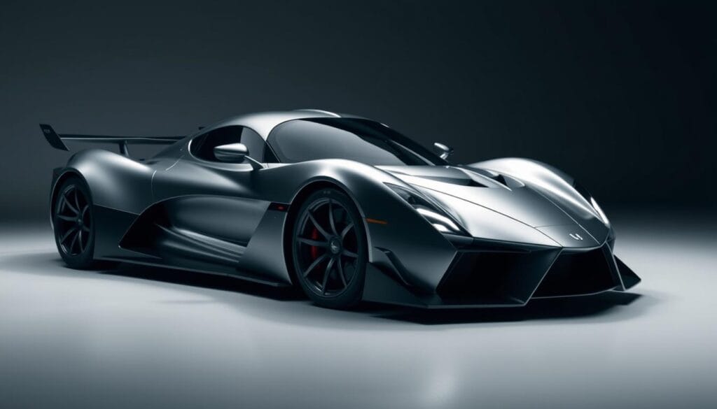 A sleek, silver Hennessey Venom F5 hypercar stands in a dimly lit studio, its aerodynamic body accentuated by dramatic lighting. The car's intricate details, such as its aggressive front splitter, gaping air intakes, and razor-sharp angles, are captured in high definition. In the background, a clean, minimalist setting allows the vehicle's performance specifications to take center stage. The overall atmosphere conveys a sense of power, precision, and technological prowess, setting the stage for an in-depth exploration of the Venom F5's remarkable capabilities.