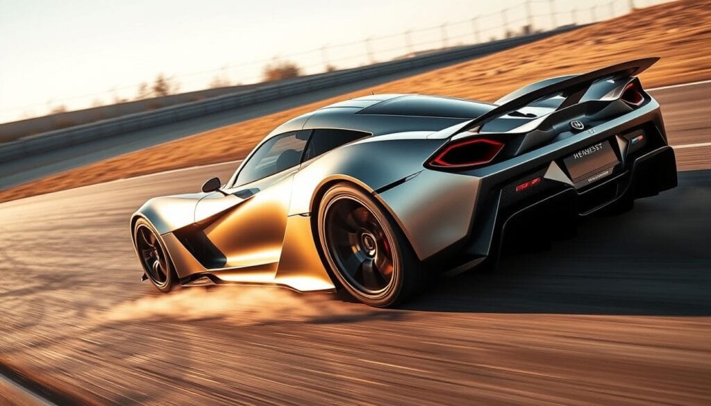 A sleek, silver Hennessey Venom F5 supercar ripping through a winding racetrack, its powerful engine roaring as it accelerates with tremendous force. The car is captured from a low, dynamic angle, showcasing its aggressive aerodynamic design, massive carbon-ceramic brakes, and cutting-edge suspension components. Trails of dust and gravel kick up behind the car, creating a sense of motion and intensity. The racetrack is bathed in warm, golden sunlight, casting dramatic shadows and highlights across the car's body. The scene exudes a palpable air of performance, innovation, and engineering excellence, perfectly reflecting the "Testing and Development Journey" of this ultimate speed machine.