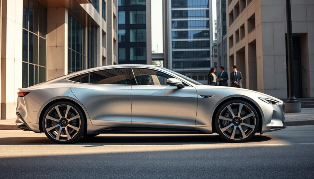 A sleek, silver Karma GS-6 luxury plug-in hybrid car elegantly parked on a sun-dappled city street, surrounded by modern high-rise buildings. The vehicle's stunning curves and distinctive design details are highlighted by soft, directional lighting, showcasing its premium aesthetic and advanced engineering. In the middle ground, well-dressed professionals stroll by, highlighting the GS-6's position as a prestigious, lifestyle-oriented luxury offering. The background features a blend of glass, steel, and concrete, conveying an upscale, metropolitan ambiance that aligns with the Karma brand's positioning. The overall scene exudes a sense of refined sophistication and technological innovation.