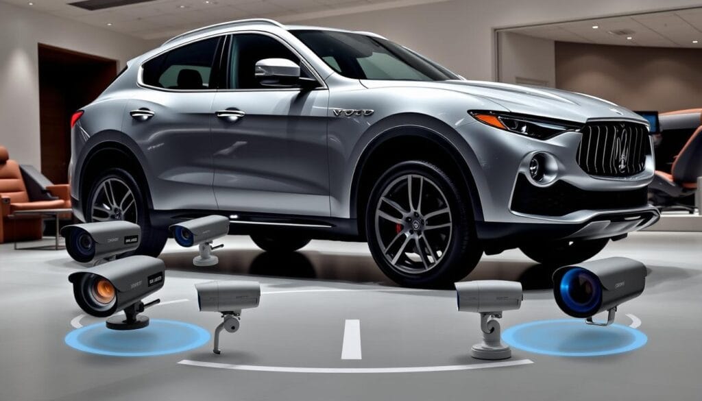 A sleek, silver Maserati Levante SUV stands in a well-lit showroom, its muscular exterior gleaming under the soft, diffused lighting. The vehicle is centered in the frame, showcasing its elegant lines and sporty silhouette. In the foreground, an array of advanced driver assistance sensors and cameras are prominently displayed, highlighting the Levante's comprehensive safety features. The middle ground features a subtle backdrop of the showroom's luxurious interior, with plush leather seats and a state-of-the-art dashboard. The overall atmosphere is one of refinement, technology, and a meticulous attention to detail, reflecting the Levante's status as a premium, high-performance luxury SUV.
