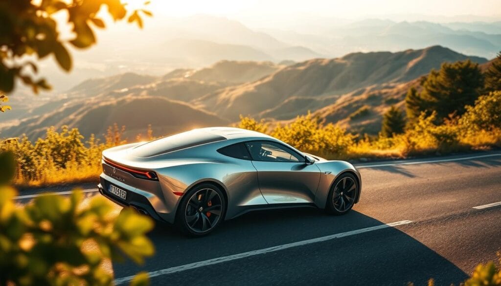 A sleek, silver Zeekr 001 electric vehicle effortlessly glides down a winding mountain road, showcasing its exceptional efficiency. The car's aerodynamic silhouette is highlighted by warm, golden afternoon sunlight, casting dynamic shadows that accentuate its sculpted lines. In the foreground, the vehicle's wheels seamlessly cut through the tarmac, while the middle ground features lush, verdant foliage framing the scene. The background depicts a breathtaking vista of rolling hills and distant snow-capped peaks, conveying a sense of tranquility and eco-friendly energy. The image exudes a balance of power, precision, and environmental harmony, perfectly encapsulating the Zeekr 001's range and efficiency metrics.