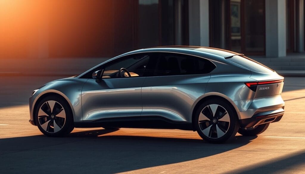 A sleek, silver Zeekr 001 electric vehicle takes center stage, its advanced safety features and driver assistance systems prominently displayed. The car is captured in a dynamic, three-quarter view, casting dramatic shadows and highlights under a soft, warm lighting that emphasizes its cutting-edge design. In the foreground, the vehicle's state-of-the-art sensor array, including radar, LiDAR, and cameras, is visible, conveying the car's heightened awareness of its surroundings. The middle ground showcases the Zeekr's smooth, aerodynamic silhouette, while the background hints at a modern, urban setting, hinting at the vehicle's suitability for city driving and commuting. The overall mood is one of sophistication, technology, and a commitment to safety and convenience.