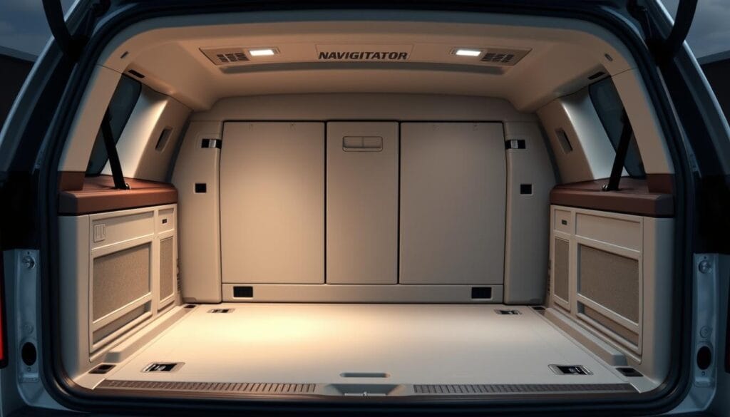 A sleek, well-lit interior shot of a Lincoln Navigator's expansive cargo area, showcasing its impressive dimensions. The scene depicts the cargo space in its full glory, with clean lines, pristine surfaces, and a sense of spaciousness. Prominent focal points include the generous floor area, the high ceiling, and the large side panels that provide ample storage. The lighting is soft and even, accentuating the Navigator's premium materials and attention to detail. The camera angle is slightly elevated, offering a comprehensive view of the cargo area's proportions and layout, allowing the viewer to fully appreciate the vehicle's exceptional practicality and versatility.