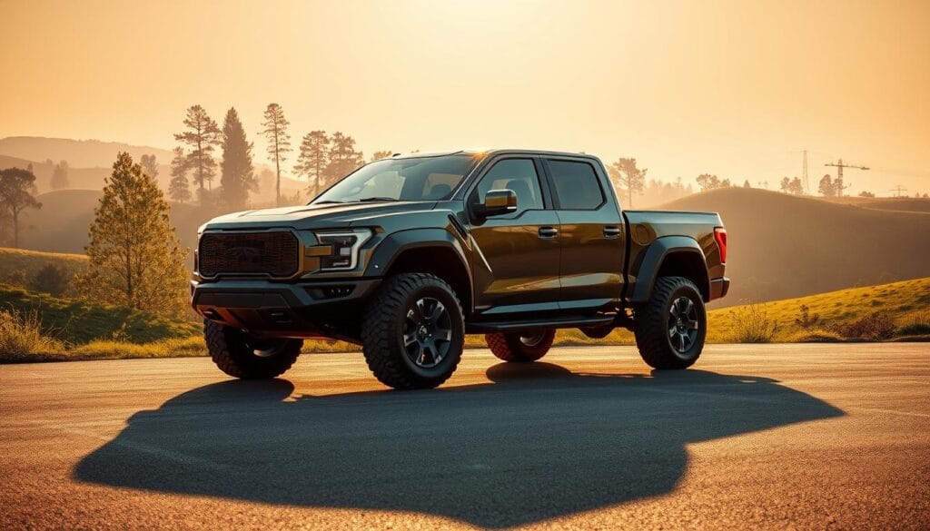 A sleek, zero-emissions electric pickup truck stands prominently in the foreground, its angular, futuristic design casting sharp shadows across the ground. The Cybertruck's steel exoskeleton gleams under warm, golden sunlight, conveying a sense of strength and durability. In the middle ground, a lush, verdant landscape unfolds, with towering trees and rolling hills, symbolizing the truck's environmentally-friendly nature. The background fades into a hazy, pastel-hued sky, creating a serene, tranquil atmosphere. The overall scene evokes a vision of sustainable transportation in harmony with nature, perfect for showcasing the Cybertruck's environmental impact and commitment to sustainability.