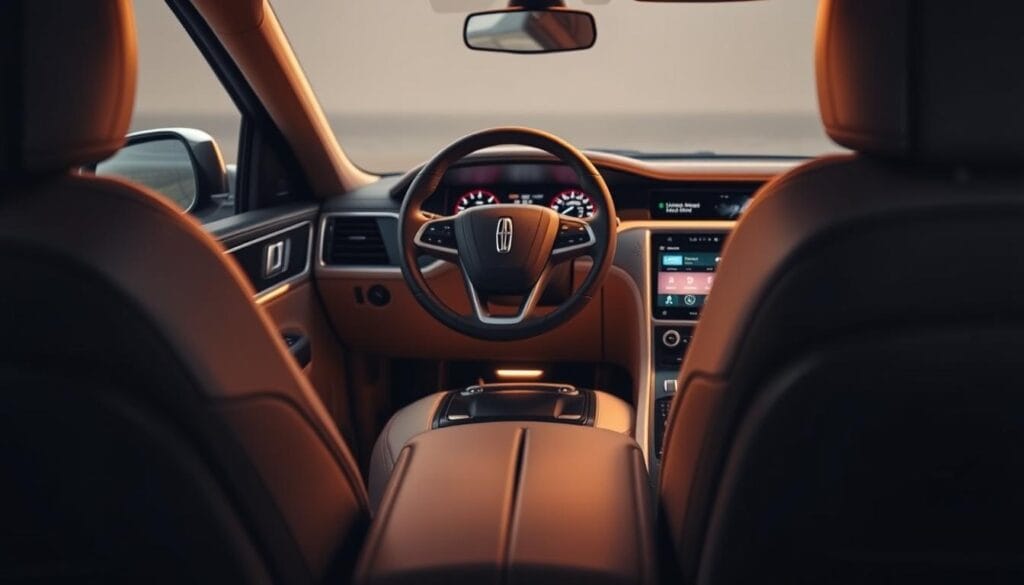 A sophisticated Lincoln Navigator cabin, illuminated by warm, subtle lighting. In the foreground, a meticulously detailed center console showcases the advanced driver controls - sleek touch panels, intuitive dials, and state-of-the-art digital displays. The middle ground reveals the tactile leather-wrapped steering wheel with integrated touch-sensitive buttons, allowing effortless command of the vehicle's functions. In the background, the minimalist dashboard seamlessly integrates high-tech features, creating a harmonious and personalized driving experience.